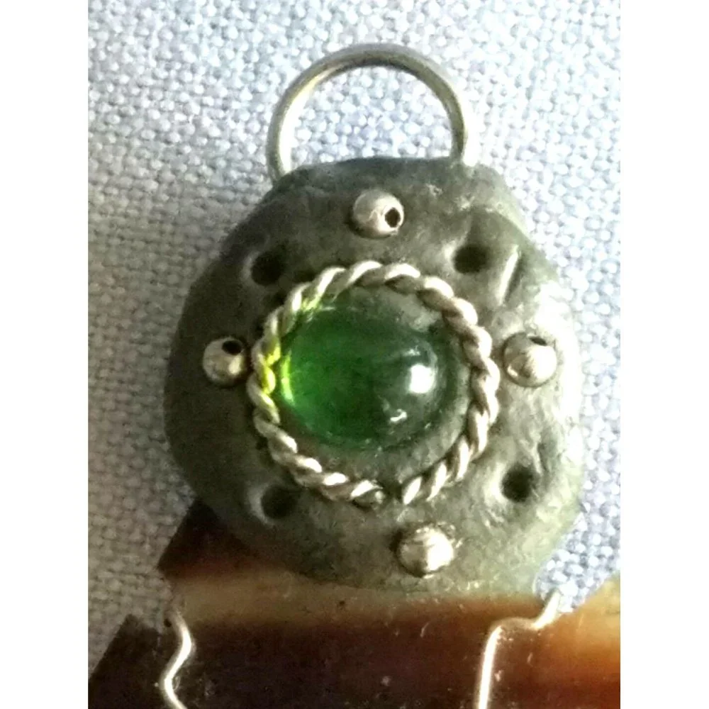 Vintage Mexican Style horn w/silver wire pendant Green glass Cabochons handmade